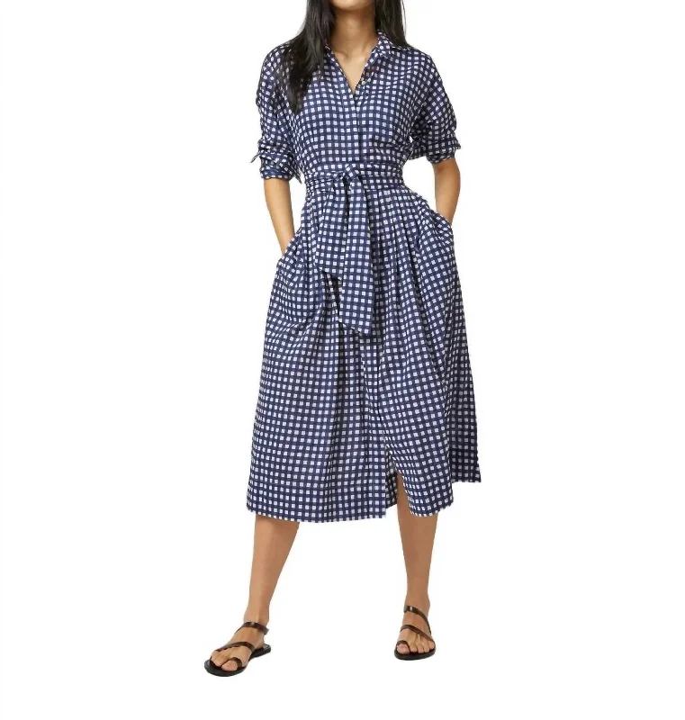 Kimono Shirtwaist Dress In Navy/ Ivory Gingham Seersucker