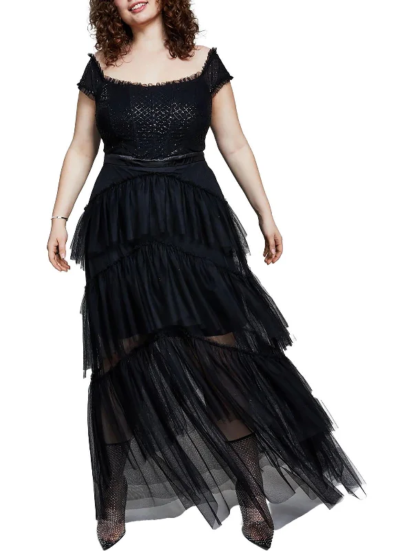 Plus Womens Tulle Glitter Evening Dress