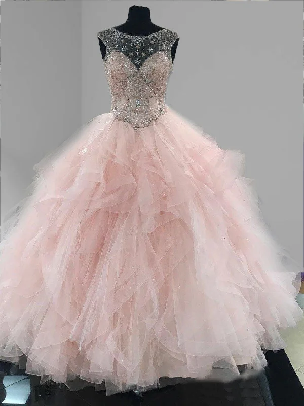 Prom Ball Gown See Through Neck Tulle Light Pink Quinceanera Dresses